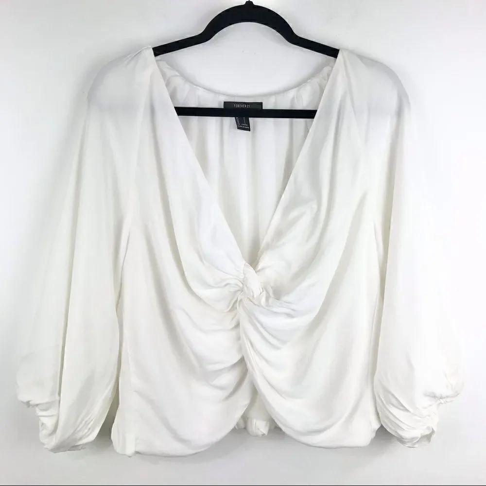 White Twist Front Boho Peasant Crop Blouse